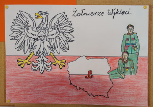 Plakat - na tle flagi Polski narysowany orzeł, żołnierz i kontur polski